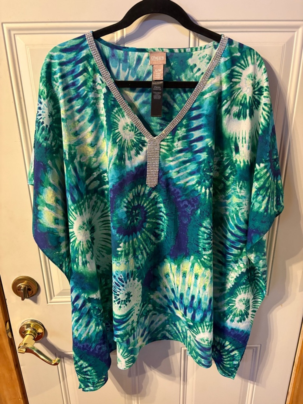 Chico's Tie Dye Tunic Top Rhinestone V Neck Flowy Poncho Blouse Oversized S/M